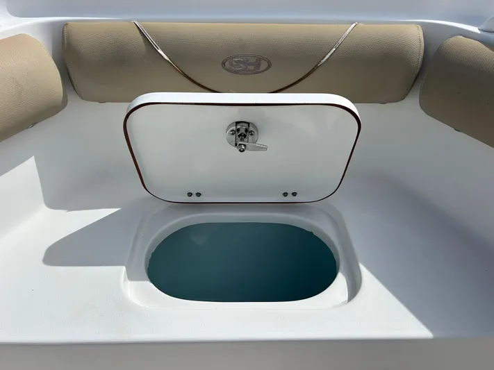 Salty Rim Yacht Photos Pics 2015 Sea Hunt Gamefish 30 boat with open storage compartment and cushioned seating.