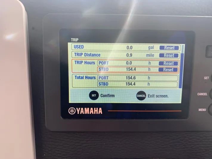  Yacht Photos Pics Yamaha display on 2018 Cutwater C-302 Coupe showing trip data and engine hours.