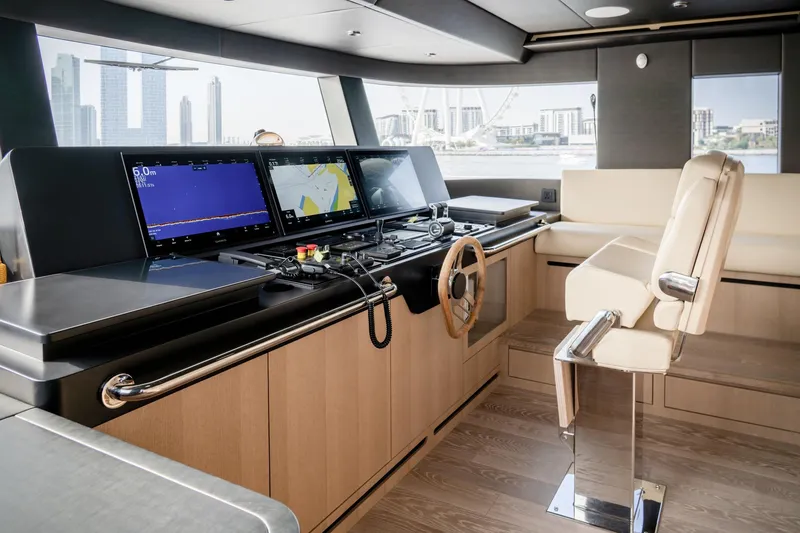  Yacht Photos Pics Luxurious helm of 2027 Majesty 112 Terrace yacht with advanced navigation systems.