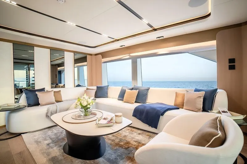  Yacht Photos Pics Luxurious interior of 2027 Majesty 112 Terrace yacht with ocean view.
