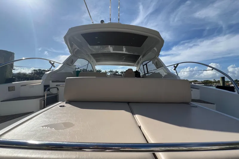  Yacht Photos Pics 2018 Azimut Atlantis 43 yacht with spacious deck under clear blue sky.