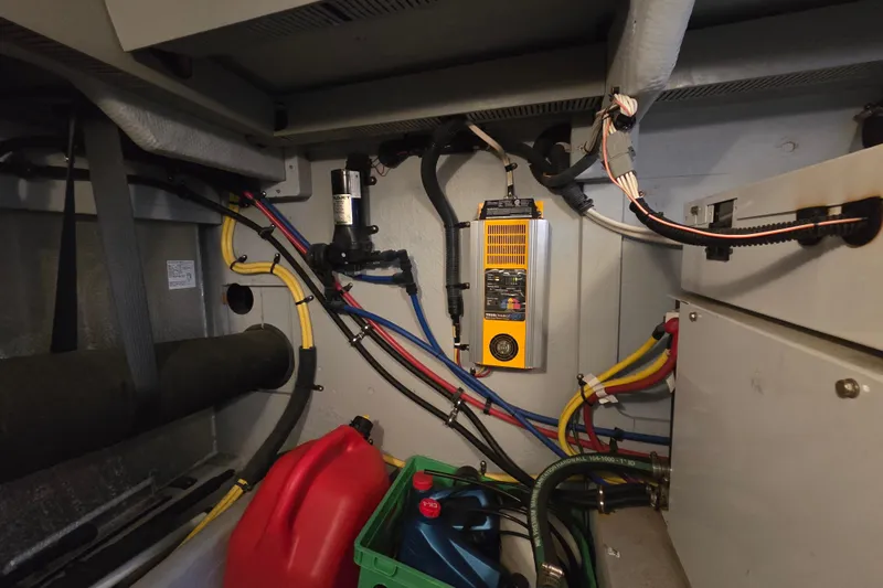 Soul Mates Yacht Photos Pics Engine room of 2005 Meridian 411 Sedan with wiring and equipment.