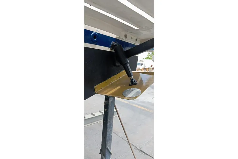  Yacht Photos Pics 2008 Luhrs 31 Hard Top IPS boat underside detail with trim tab and hydraulic actuator.