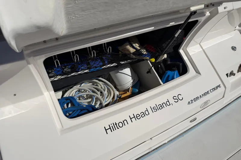 Dancing Queen Yacht Photos Pics Storage compartment of 2019 Regal 42 Grande Coupe boat, Hilton Head Island, SC.