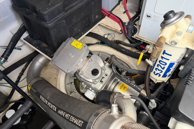 Dancing Queen Yacht Photos Pics Engine compartment of 2019 Regal 42 Grande Coupe with Volvo Penta marine components.