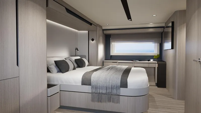  Yacht Photos Pics Luxurious Sirena 60 yacht bedroom interior, 2026 model, featuring modern design and elegant furnishings.