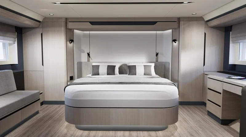  Yacht Photos Pics Luxurious Sirena 60 yacht bedroom interior, 2026 model, featuring modern design and elegant furnishings.