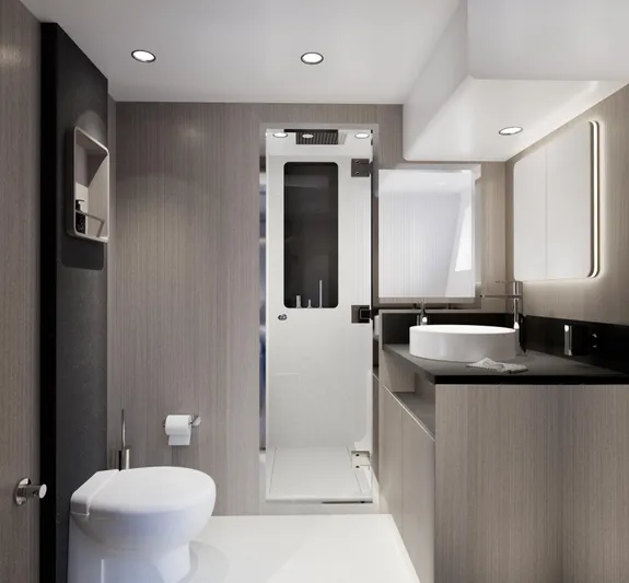  Yacht Photos Pics Modern bathroom interior in 2026 Sirena 60 yacht, featuring sleek design and elegant fixtures.