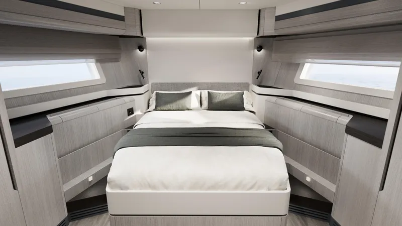  Yacht Photos Pics Luxurious Sirena 60 yacht bedroom interior, 2026 model, featuring modern design and elegant bedding.