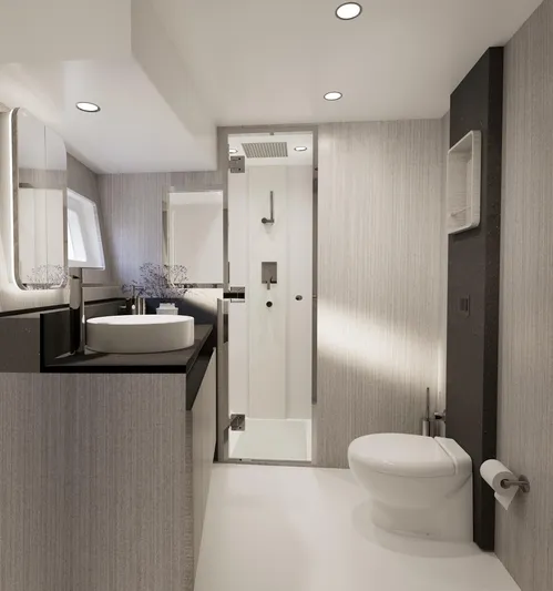  Yacht Photos Pics Modern bathroom interior in 2026 Sirena 60 yacht, featuring sleek design and elegant fixtures.