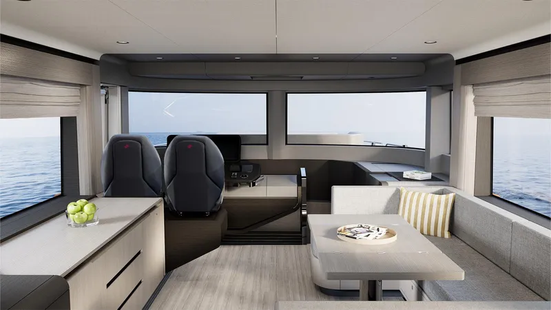 Yacht Photos Pics Luxurious interior of 2026 Sirena 60 yacht with modern seating and ocean view.