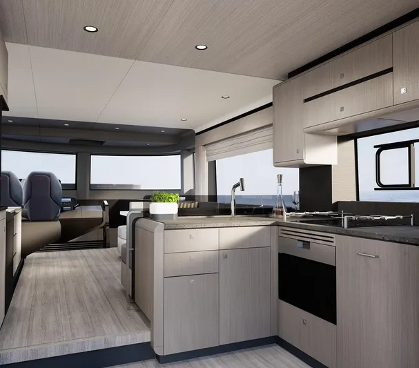  Yacht Photos Pics Modern interior of 2026 Sirena 60 yacht with sleek kitchen and seating area.