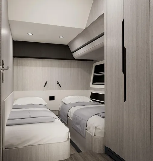  Yacht Photos Pics Modern twin cabin interior on 2026 Sirena 60 yacht, featuring sleek design and cozy bedding.