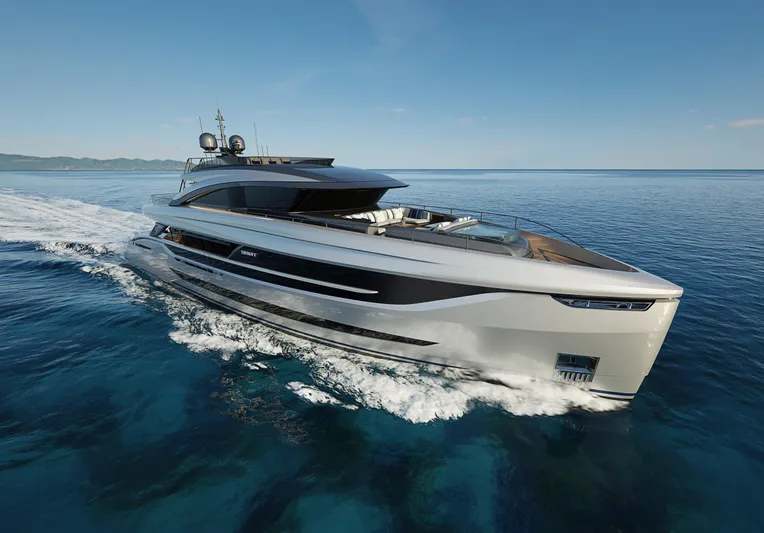  Yacht Photos Pics Luxurious 2026 ISA GT33 yacht cruising on clear blue ocean waters.