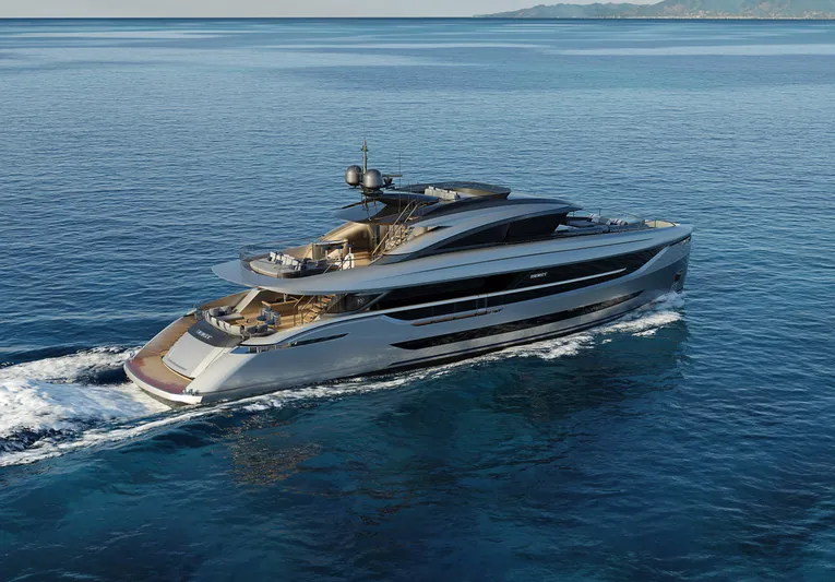  Yacht Photos Pics Luxurious 2026 ISA GT33 yacht cruising on open sea, showcasing sleek modern design.