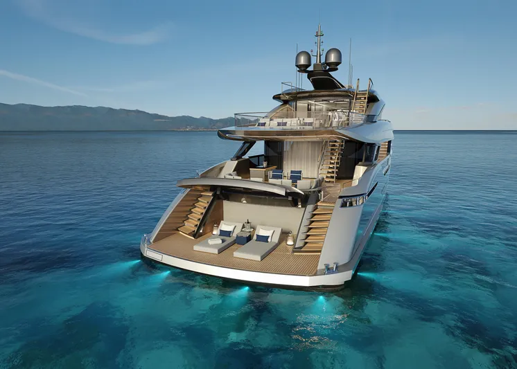  Yacht Photos Pics Luxurious 2026 ISA GT33 yacht on serene blue waters, showcasing elegant design and spacious deck.