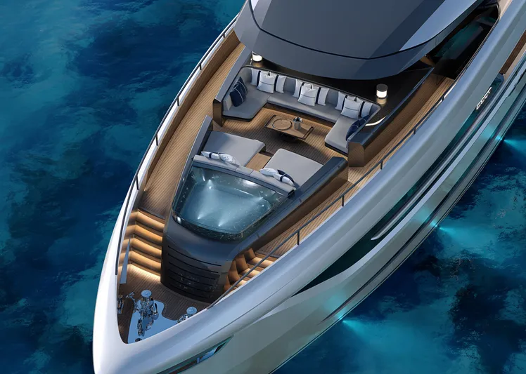  Yacht Photos Pics Luxurious 2026 ISA GT33 yacht with sleek design, spacious deck, and elegant seating on clear blue water.