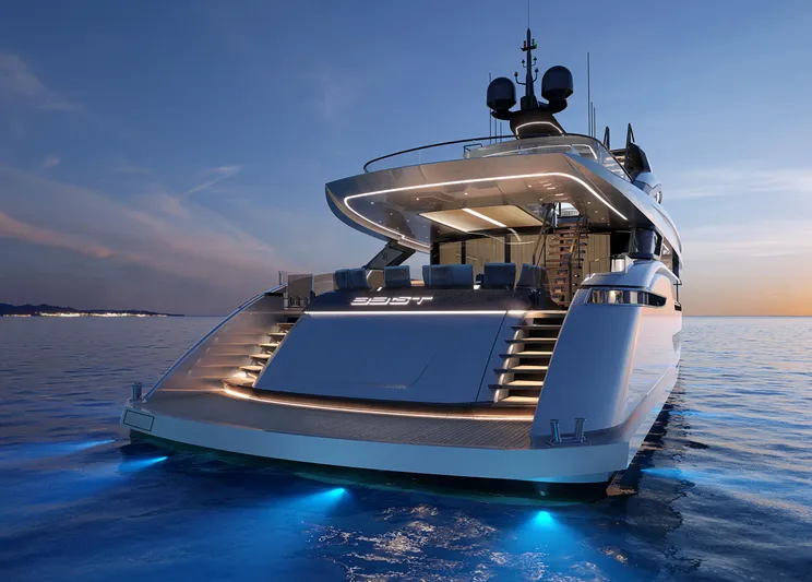 Yacht Photos Pics Luxury ISA GT33 yacht, 2026 model, illuminated at sunset on calm ocean waters.