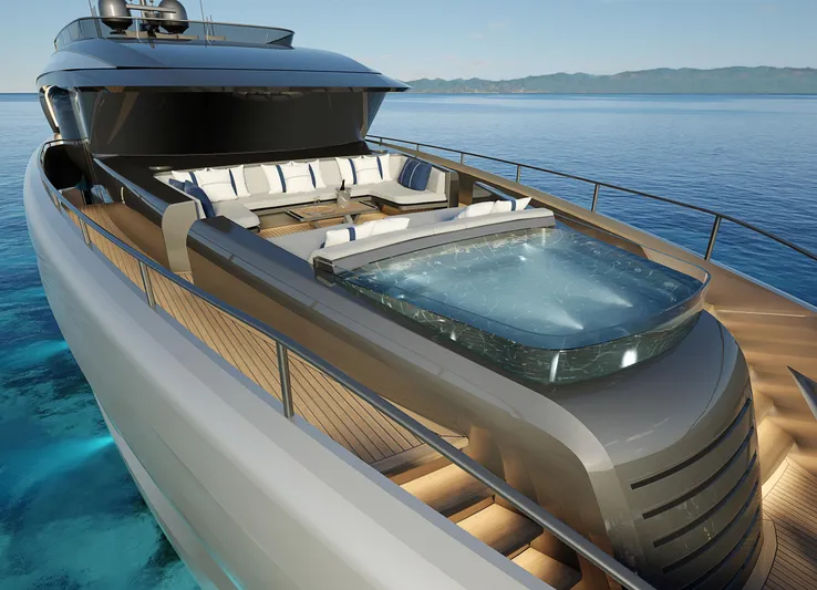  Yacht Photos Pics Luxurious 2026 ISA GT33 yacht with jacuzzi and seating area on open deck.