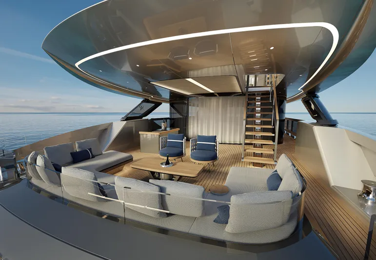  Yacht Photos Pics Luxurious 2026 ISA GT33 yacht deck with modern seating and ocean view.