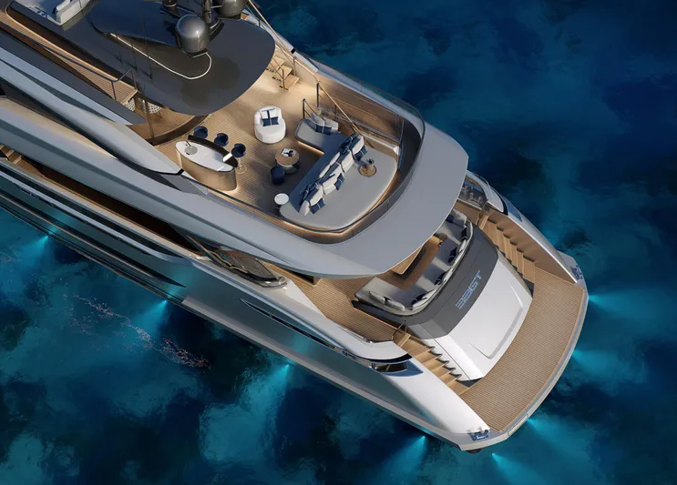  Yacht Photos Pics Luxurious 2026 ISA GT33 yacht with elegant deck design, illuminated over deep blue water.