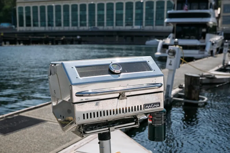  Yacht Photos Pics Outdoor Magma grill on dock near Sea Ray Sundancer 320 yacht, 2019 model.