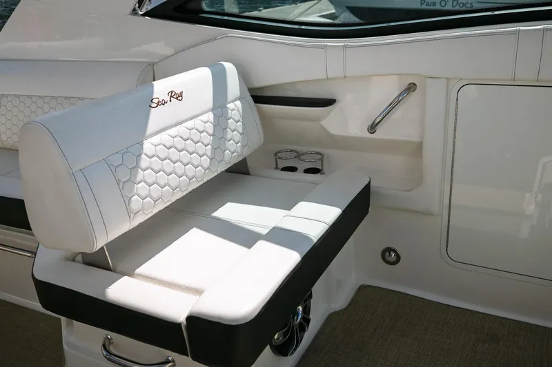  Yacht Photos Pics Luxurious seating on 2019 Sea Ray Sundancer 320 boat with elegant white upholstery.