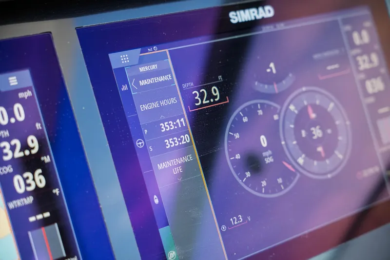  Yacht Photos Pics Simrad display on 2019 Sea Ray Sundancer 320 showing engine hours and depth.