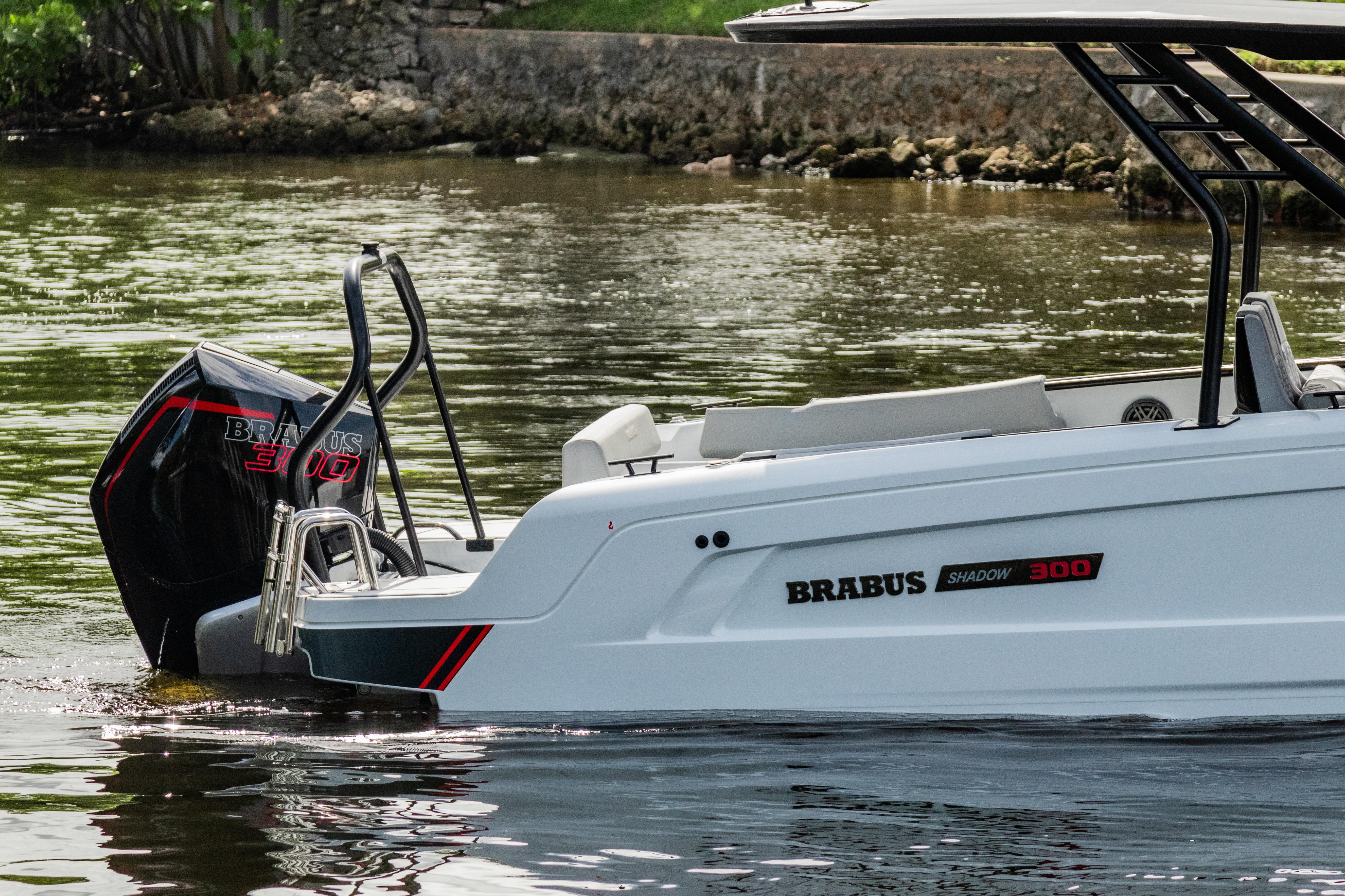 2023 BRABUS Shadow 300 XT boat on water, showcasing sleek design and powerful engine.