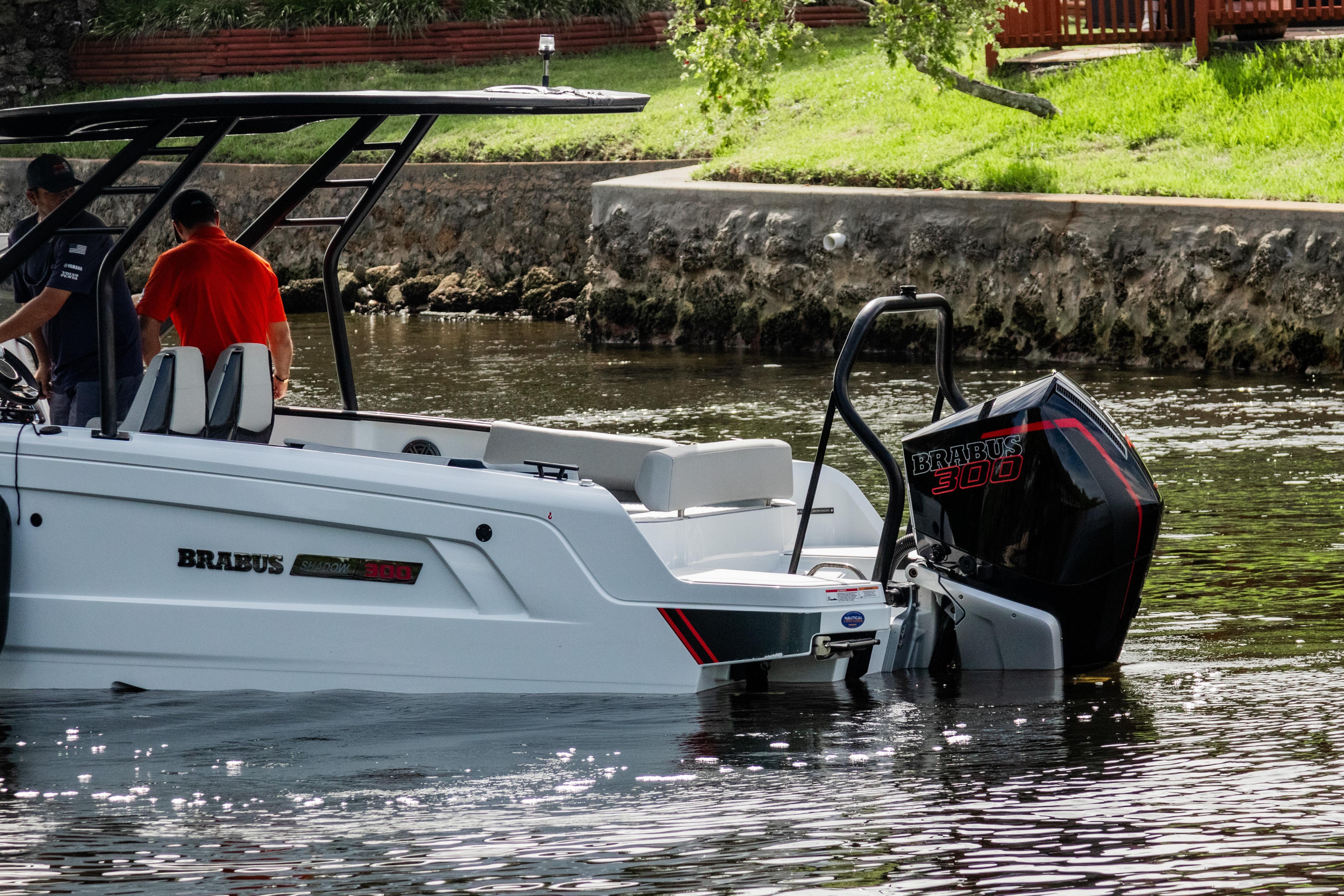 2023 BRABUS Shadow 300 XT boat on water, featuring sleek design and powerful engine.