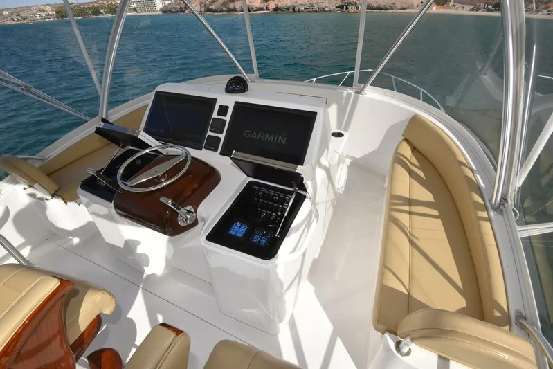 My Way Yacht Photos Pics 2019 Viking 44 Convertible yacht helm with Garmin navigation system and leather seating.