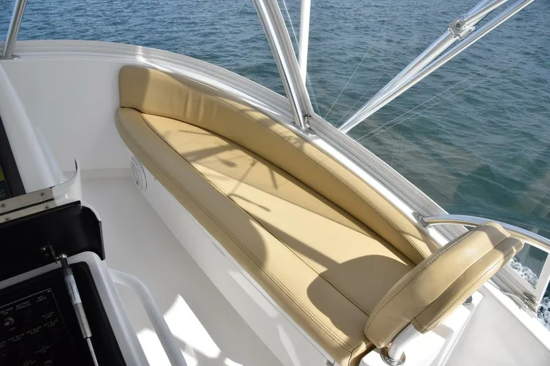 My Way Yacht Photos Pics 2019 Viking 44 Convertible boat with tan seating on deck.
