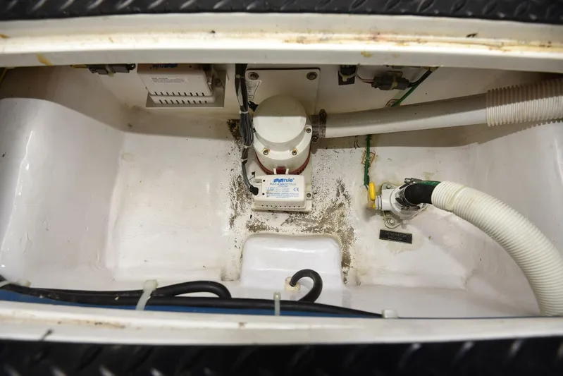 My Way Yacht Photos Pics Bilge area of 2019 Viking 44 Convertible boat with pump and hoses.