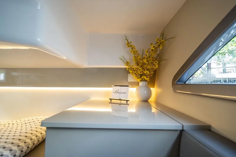  Yacht Photos Pics Modern interior of Hanover 387, 2025 model, featuring sleek design and elegant decor.