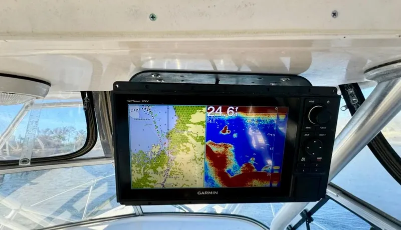  Yacht Photos Pics Garmin GPS display on 2003 Grady-White Marlin 300 boat dashboard.