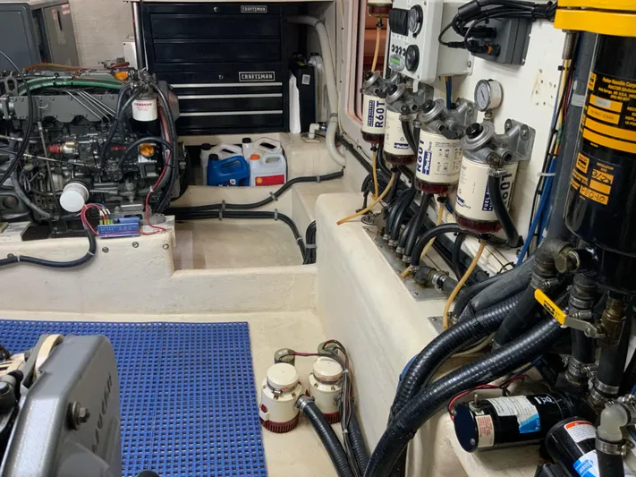 Lone Star (former/recently Andros) Yacht Photos Pics Engine room of 2008 Great Harbour N37 with mechanical components and tool storage.