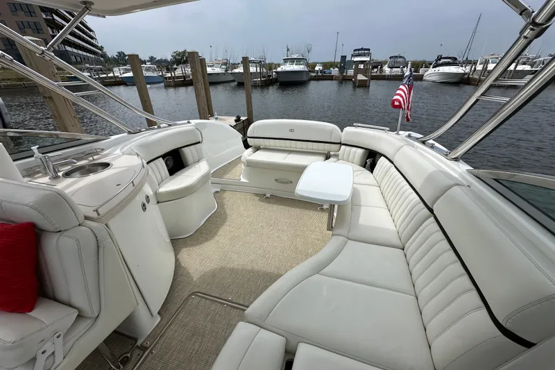  Yacht Photos Pics Luxurious 2015 Cobalt 336 boat interior with plush seating and marina view.
