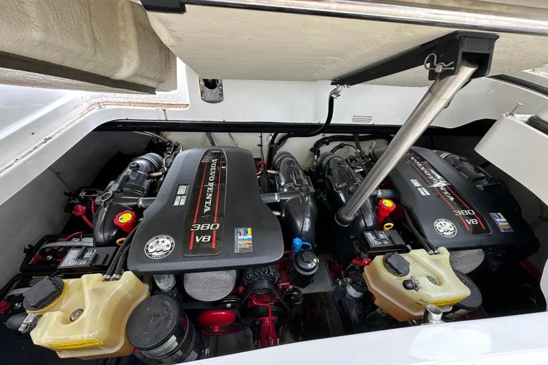  Yacht Photos Pics 2015 Cobalt 336 boat engine compartment with dual Volvo Penta 380 V8 engines.