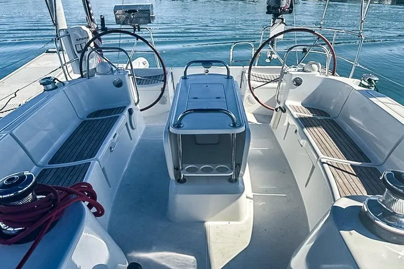 Hanalei Yacht Photos Pics Cockpit of 2011 Jeanneau Sun Odyssey 44 sailboat with dual steering wheels.