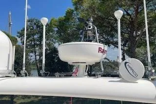  Yacht Photos Pics Radar equipment on 2009 Ferretti Yachts 681 against a clear blue sky.