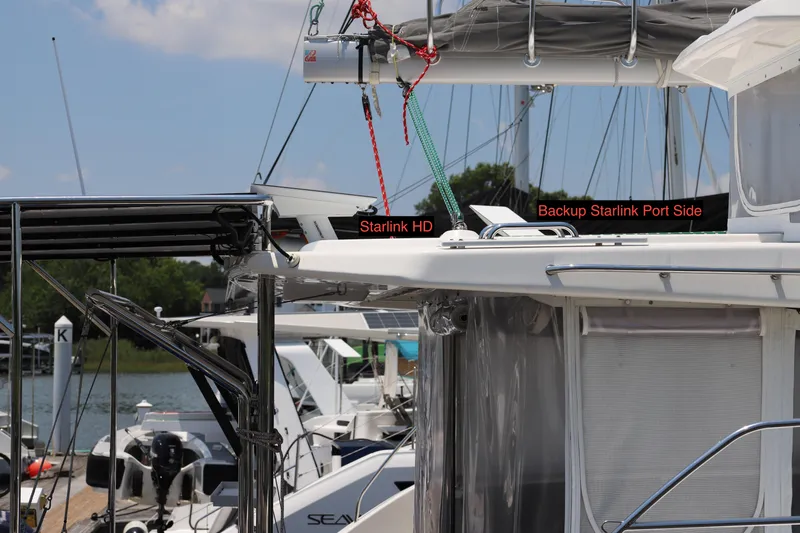 Why Knot Yacht Photos Pics 2020 Robertson Leopard yacht with Starlink HD and backup Starlink port side at marina.