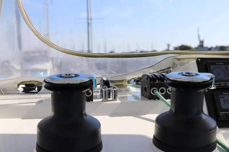 Why Knot Yacht Photos Pics Cockpit view of 2020 Robertson Leopard yacht with winches and navigation instruments.