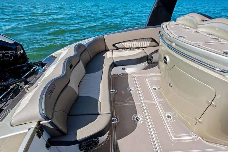 Yacht Photos Pics Luxurious seating area on 2021 MTI V42 boat with elegant design and ocean backdrop.