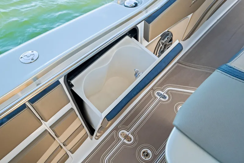  Yacht Photos Pics Luxury MTI V42 boat interior with built-in storage compartment, 2021 model.