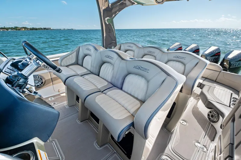  Yacht Photos Pics Luxury seating on 2021 MTI V42 boat with ocean view.