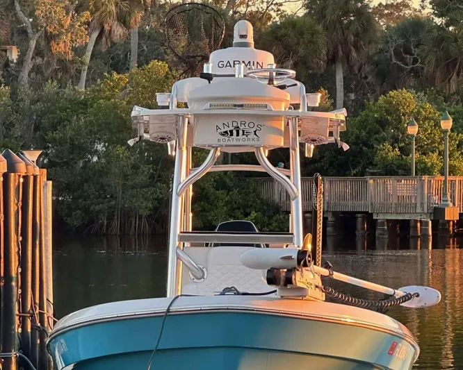  Yacht Photos Pics 2007 Andros Tarpon 26 boat docked near lush greenery and wooden pier.