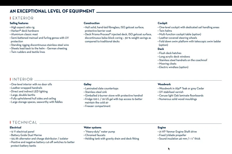 Alpha-joy Yacht Photos Pics Jeanneau Sun Odyssey 349 2017 equipment list detailing exterior, interior, technical, and engine features.