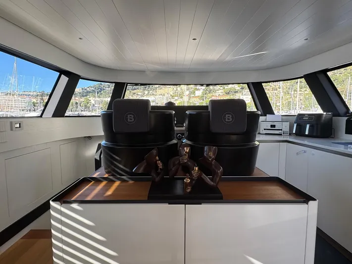  Yacht Photos Pics Interior of 2022 Bluegame BGX70 yacht with modern seating and panoramic windows.