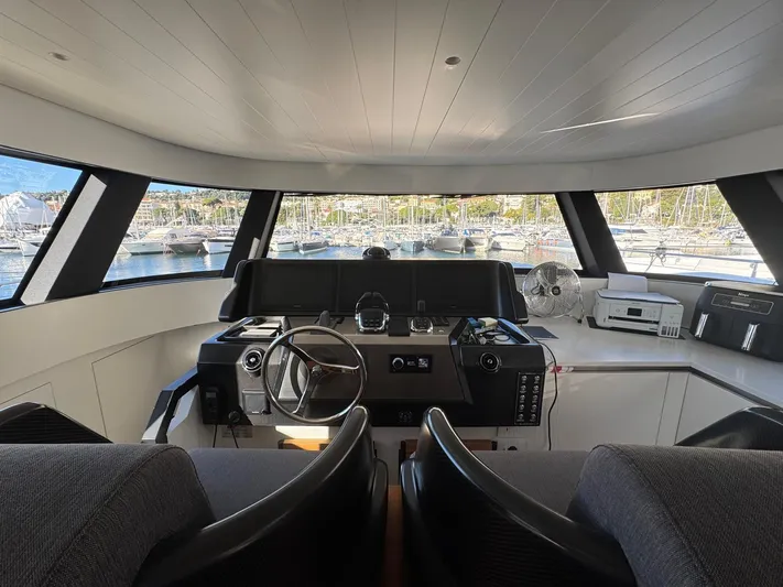  Yacht Photos Pics Interior view of 2022 Bluegame BGX70 yacht cockpit with modern controls and panoramic windows.