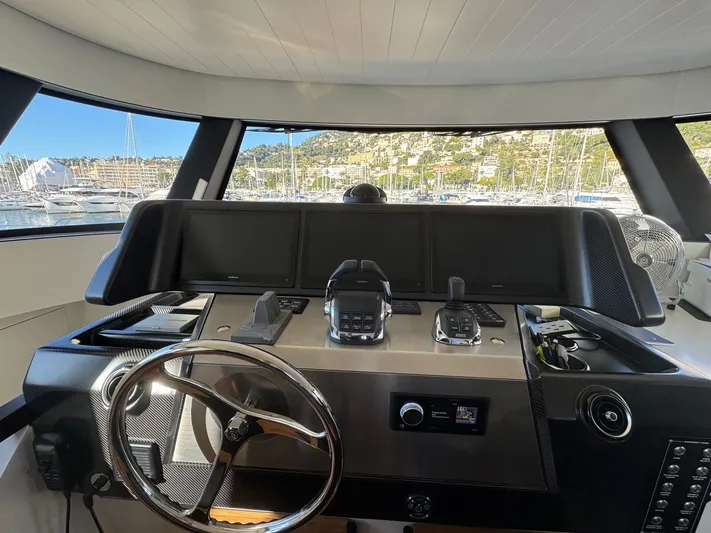 Yacht Photos Pics Helm of 2022 Bluegame BGX70 yacht with modern controls and panoramic view.